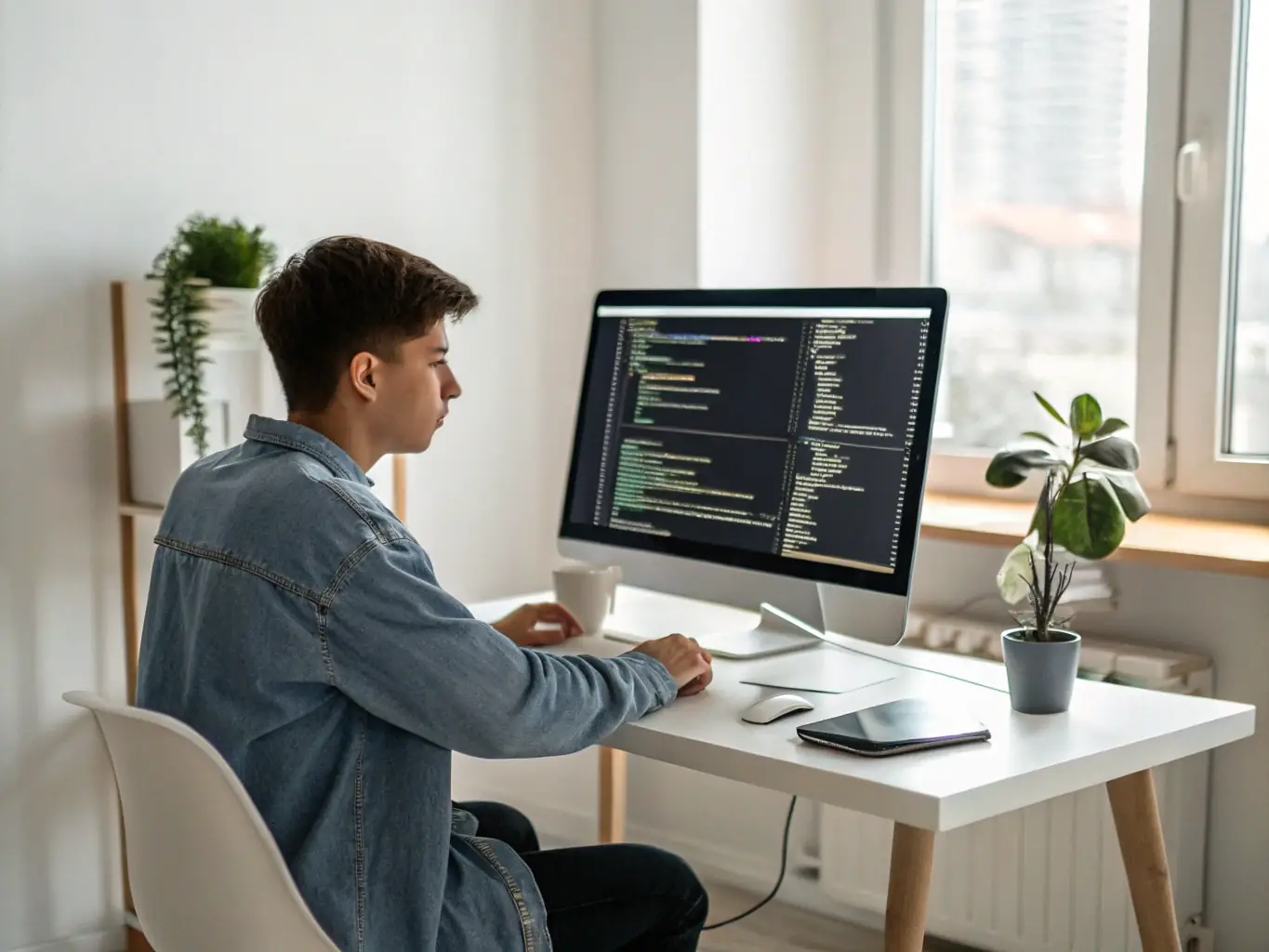 A professional developer working on a sleek computer screen displaying a modern web application interface, with code snippets and design elements visible, in a clean and minimalistic workspace. The image represents custom web application development.