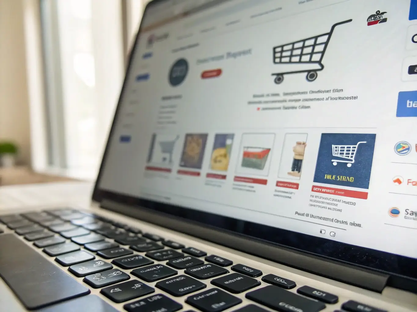 A laptop screen showing an e-commerce website with product listings, shopping cart, and payment options, surrounded by design tools and product samples in a modern workspace. The image represents e-commerce platform setup.