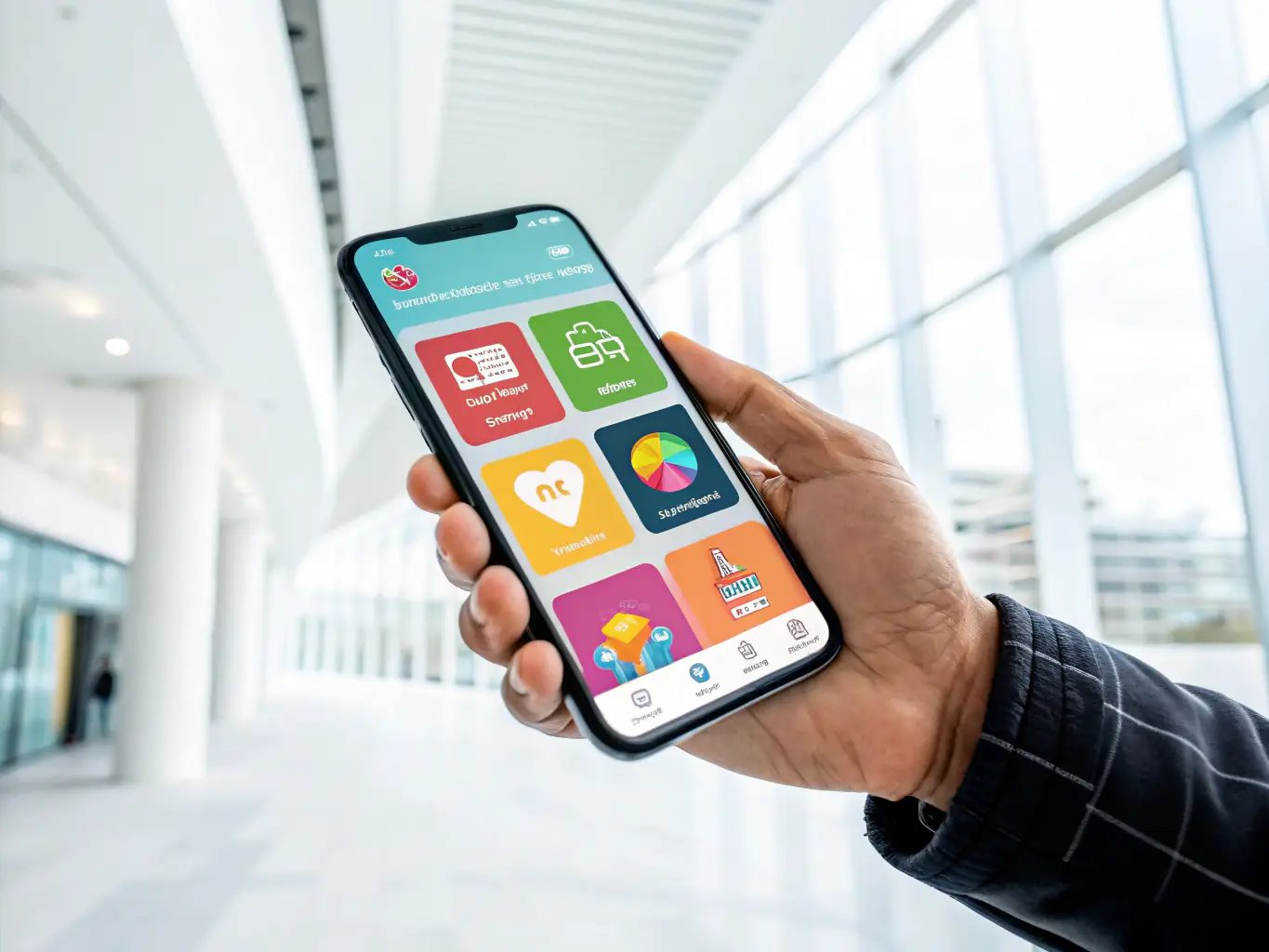 A developer holding a smartphone displaying a vibrant, modern mobile app interface, with design sketches and development tools visible in the background, in a bright, professional environment. The image represents mobile app development.